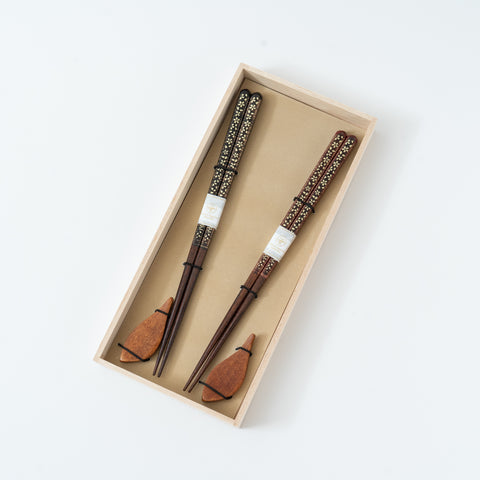 Fortune Crane and Turtle Wakasa-nuri Red Chopstick Set for Two