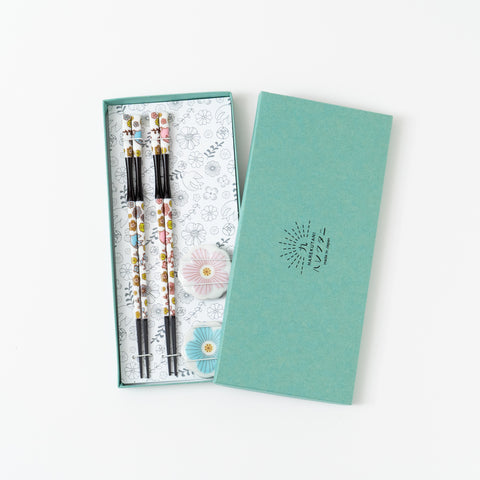 Harekutani CherryBlossom Kutani Chopstick and Chopstick Rest Set