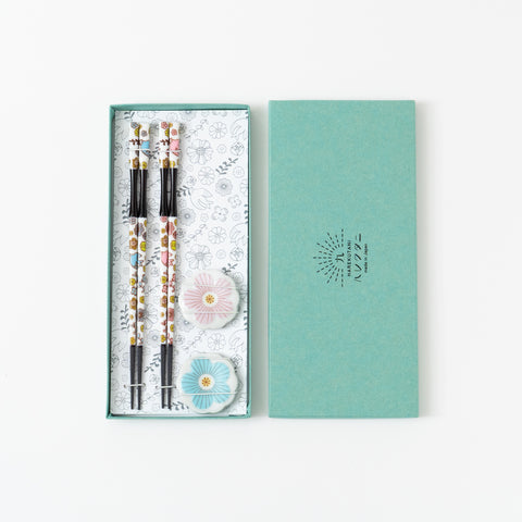 Harekutani CherryBlossom Kutani Chopstick and Chopstick Rest Set