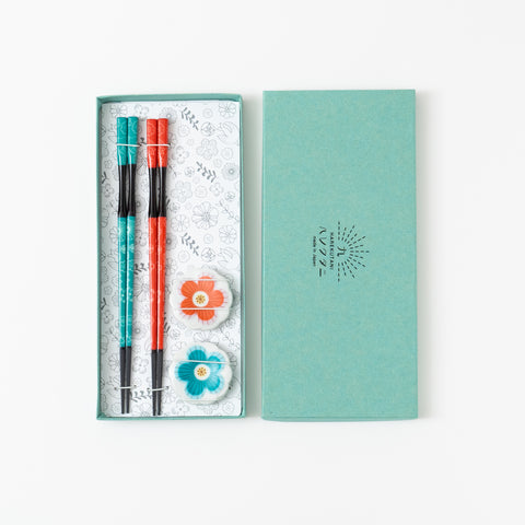 Harekutani CherryBlossom Kutani Chopstick and Chopstick Rest Set