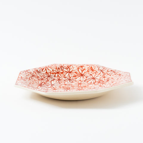 Hand-Printed  Flowers Octagon Hasami Serving Bowl