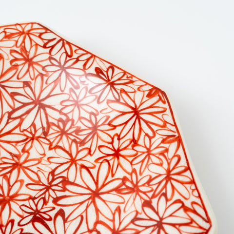 Hand-Printed  Flowers Octagon Hasami Serving Bowl