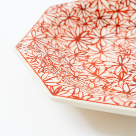 Hand-Printed  Flowers Octagon Hasami Serving Bowl