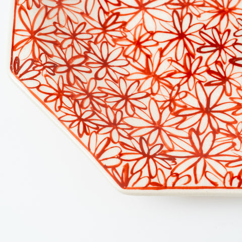 Hand-Printed  Flowers Octagon Hasami Serving Bowl