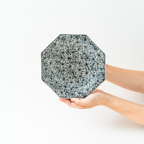 Hand-Printed  Flowers Octagon Hasami Serving Bowl