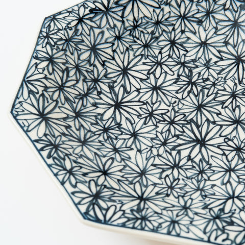 Hand-Printed  Flowers Octagon Hasami Serving Bowl