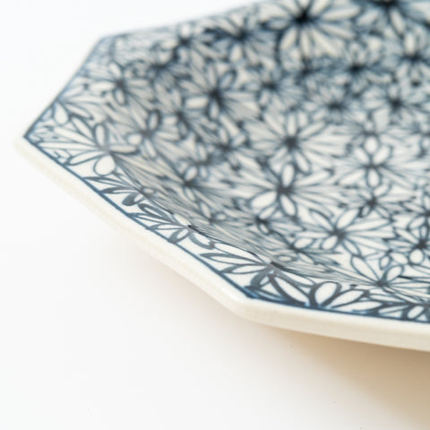 Hand-Printed  Flowers Octagon Hasami Serving Bowl