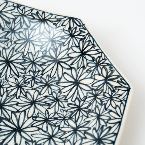 Hand-Printed  Flowers Octagon Hasami Serving Bowl