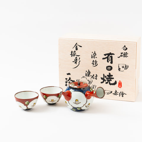 Red and Navy Camellia  Hasami Tea Set