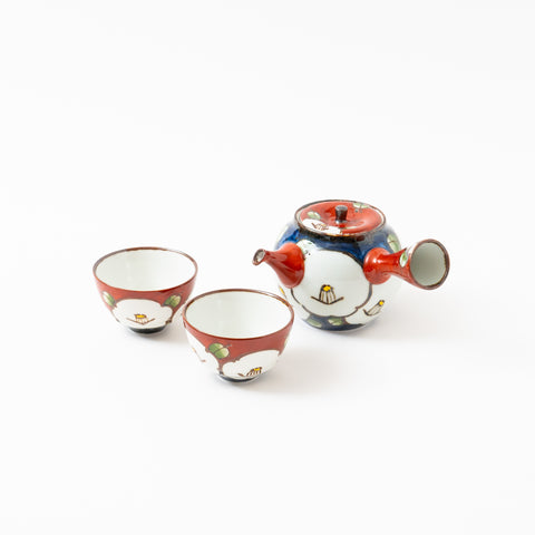 Red and Navy Camellia  Hasami Tea Set