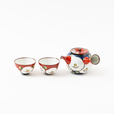 Red and Navy Camellia  Hasami Tea Set