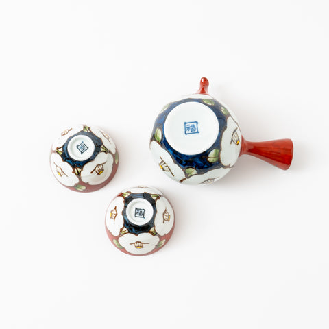 Red and Navy Camellia  Hasami Tea Set