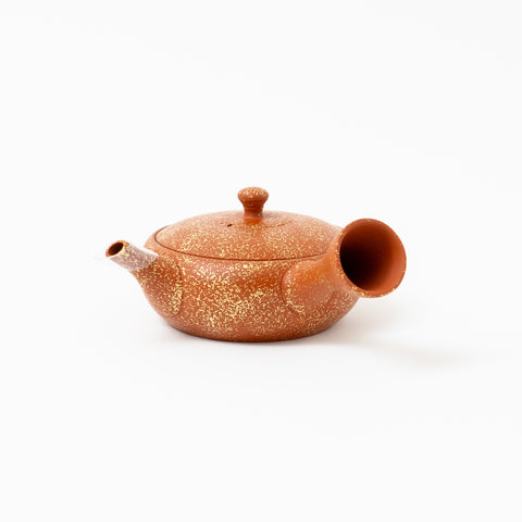 Ginkgo Red Clay Flat Round Gold Hammered Tokoname Teapot