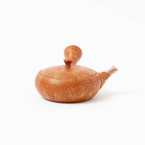 Ginkgo Red Clay Flat Round Gold Hammered Tokoname Teapot