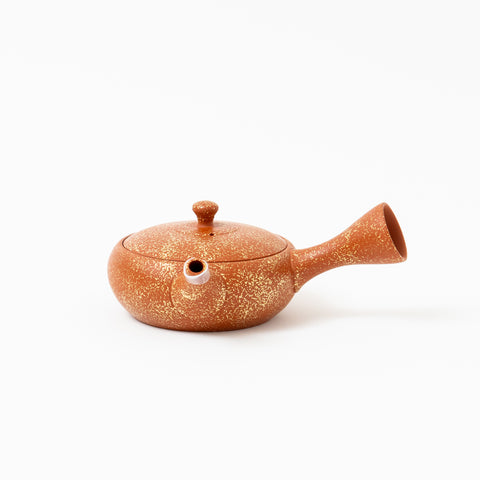 Ginkgo Red Clay Flat Round Gold Hammered Tokoname Teapot