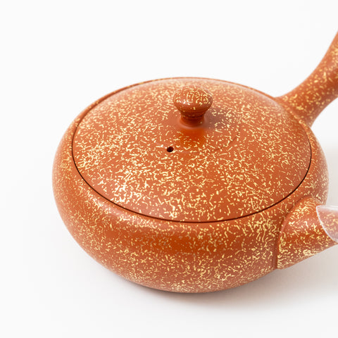 Ginkgo Red Clay Flat Round Gold Hammered Tokoname Teapot