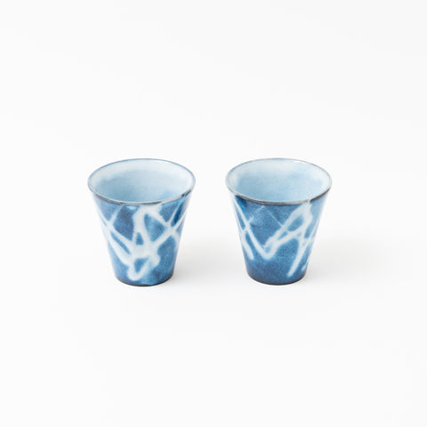 Tenryu KilnBlue Glaze with White Drizzle Pattern Hagi Sake Cup Pair