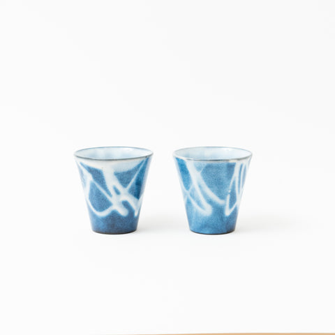 Tenryu KilnBlue Glaze with White Drizzle Pattern Hagi Sake Cup Pair