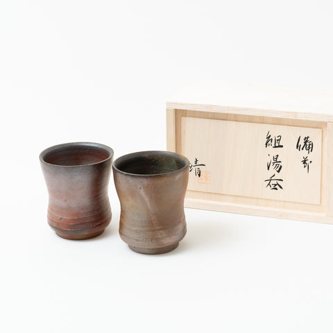 Carbonization Pattern Sangiri Bizen Tea Cup Pair